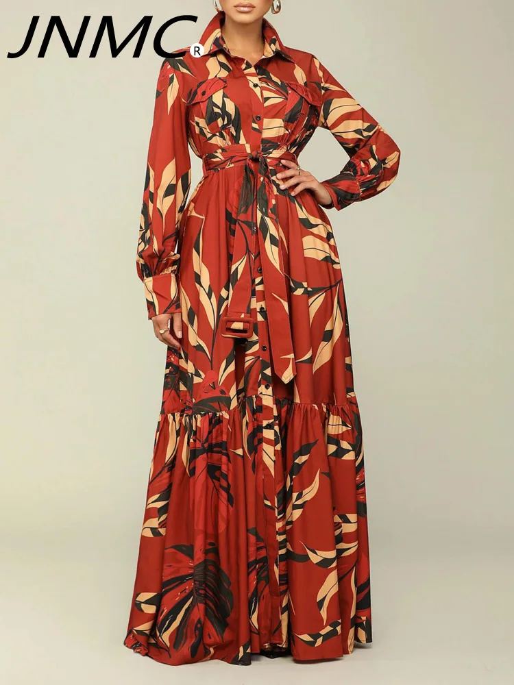 

JNMC Women's Print Lapel Lace-up Fashion Long Sleeve Shirt Skirt Long Skirt Pocket Ethnic Style Pleated Floor-length Skirt 2024