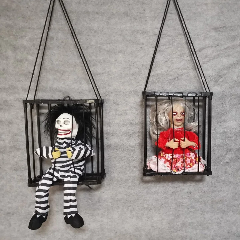 

Halloween Cage Ghost with Light and Sound Inductive Lighting and Sound Prisoner Skeleton Cage Ghost Horror Prop
