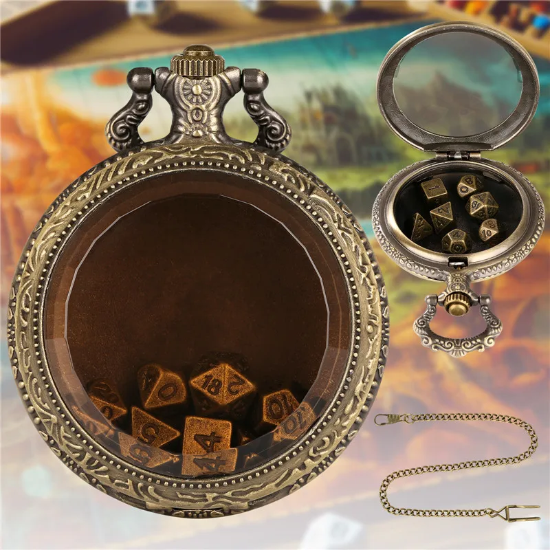 Steampunk 7 Teile/satz Metall Polyedrische Würfel Rollenspiel Gaming Würfel mit Transparent Taschenuhr Fall Anhänger Kette Gaming Geschenk – Detail 5