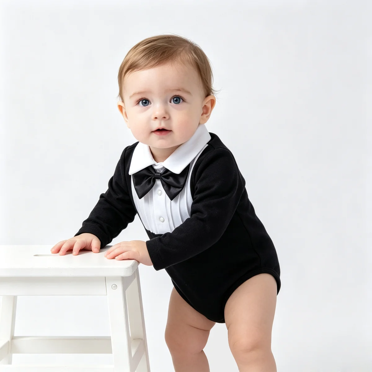 Body Elegante Nero e Bianco per Neonato con Papillon e Maniche Lunghe, Tutina da Gentiluomo per Battesimo, Feste e Servizi Fotografici