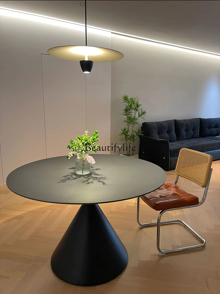 

round Stone Plate Dining Table Modern Simple Pure Black Round Table Home Embedded Turntable