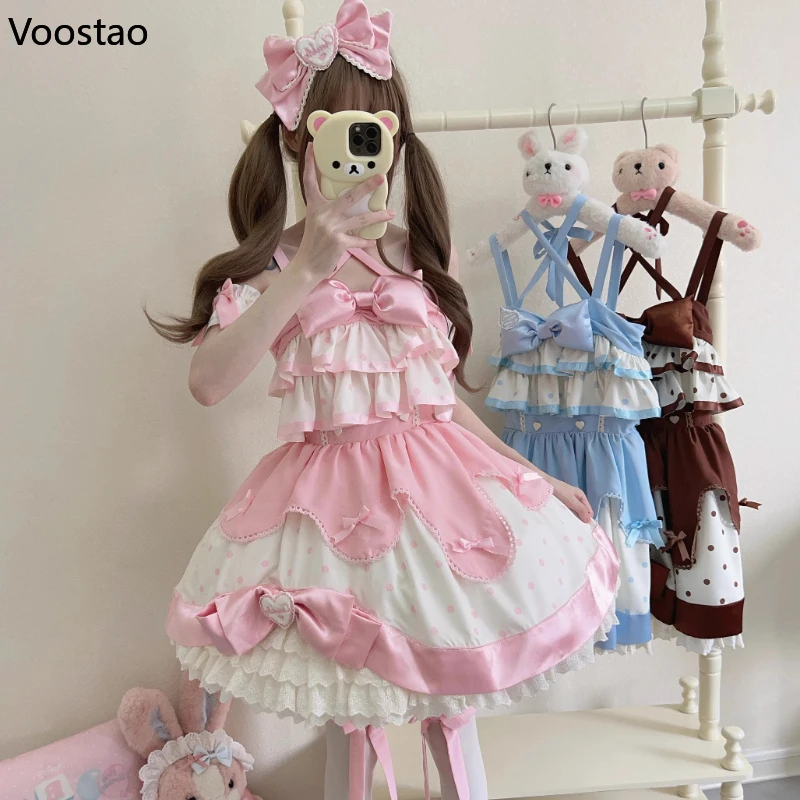 Japanese Sweet Lolita Jsk Dress Women Harajuku Kawaii Bow Ruffles Polka Dot Print Tea Party Dresses Girls Cute Slim Mini Dress