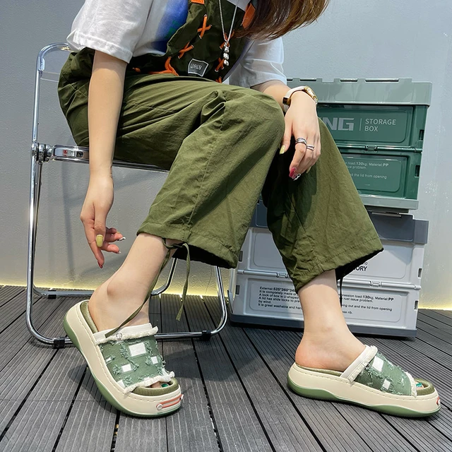 Pantofole con suola spessa abbigliamento estivo da donna 2022 nuovi sandali  e pantofole pantofole pigre One Pedal Canvas mezze pantofole - AliExpress