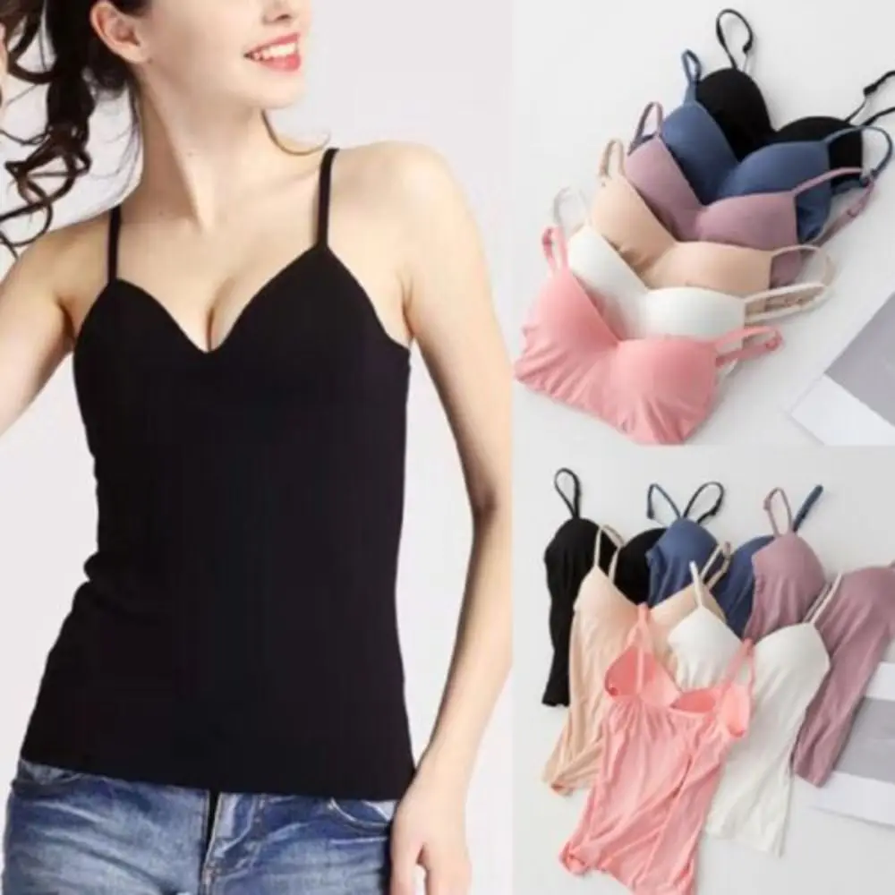 Womens Camisole Tops With Built in Bra Ladies V Neck Vest Padded Slim Tank Tops