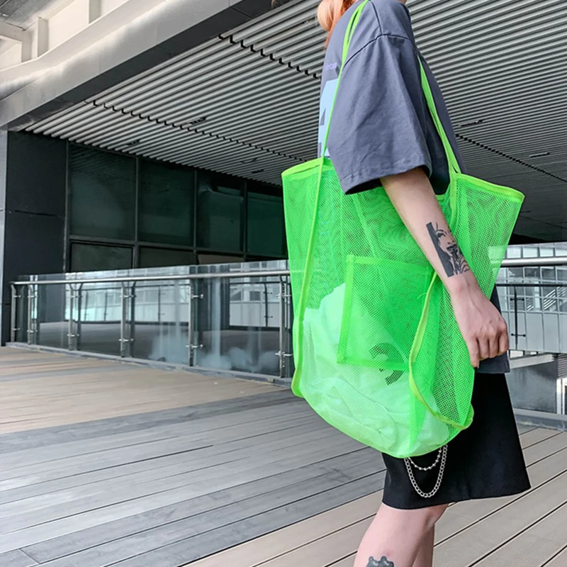 Women's Shoulder Bag Transparent Mesh Totes Net Beach  Large Capacity Handbag Foldable Fruit Grocery Fashion Armpit Shopping Bag