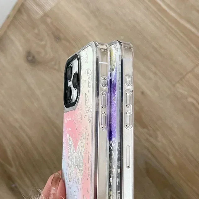 Transparent Border Quicksand Butterfly Purple Cloud iPhone 12 13 14 15 Pro Max Case - Protective iPhone Case