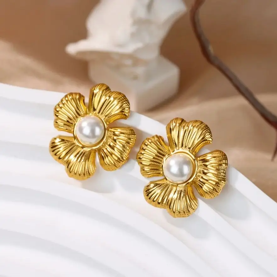 316L Stainless Steel Golden Flower Geometric Ellipse Earrings For Women