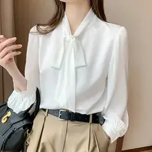 

VONDA 2022 Elegant Spring Blusa Femininas Solid Pleated Chemise Tops Casual Pleated Bow High Neck Blouse Women Long Sleeve Shirt