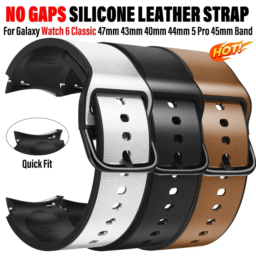 

20mm No Gaps Leather Strap for Samsung Galaxy Watch 6/4Classic 47 43mm 42 46mm 6/5/4 40 44mm 5 Pro 45mm Sports Silicone Bracelet