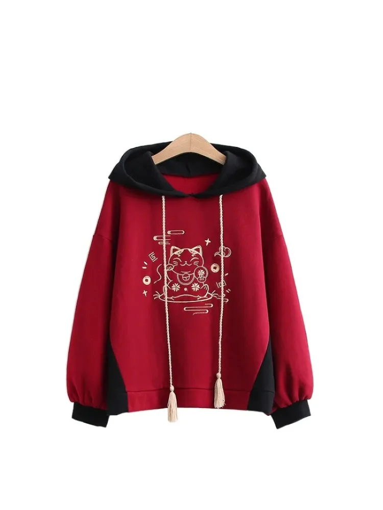 

Women Hoodies Harajuku Cartoon Cat Embroidery Chic Drawstring Kawaii Hooded Sweatshirt 2022 Spring Long Sleeve Korean Ladies Top