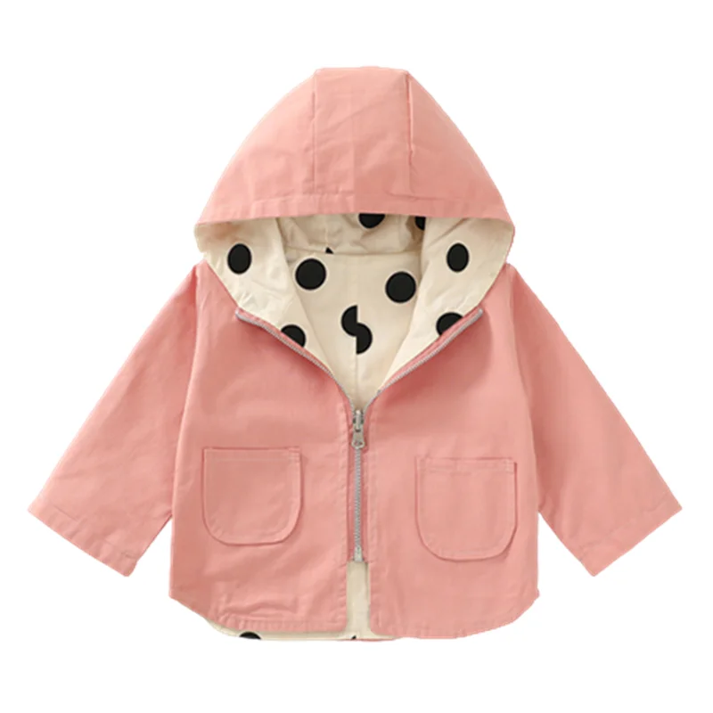 Baby jacket baby girl windbreaker spring and autumn new children's polka dot double-sided wearing hooded jacket baby boy