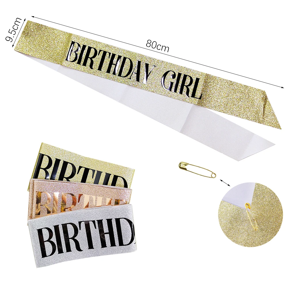 Rose Gold Glitter Birthday Satin Sash Bling Crystal Crown Birthday Queen Girls Tiara Shoulder Strap Birthday Party Decoration