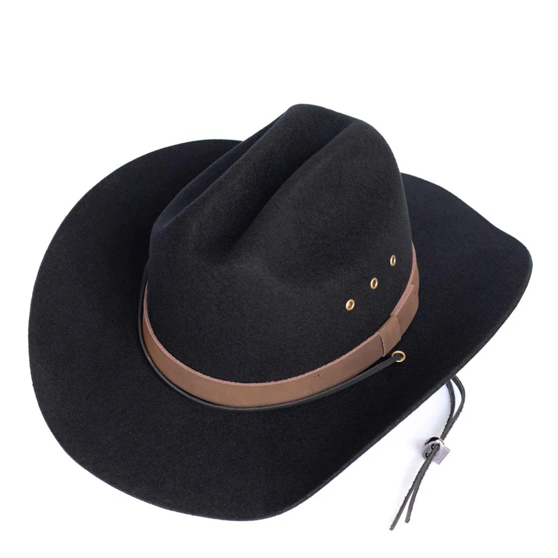 100% Lana Donna Uomo Cappelli In Feltro Retrò, Cappello Da Cowgirl Da Cowboy Occidentale A Tesa Larga Dress Up Berretto Da Cavaliere In Stile Americano Con Cordino A Vento - 7