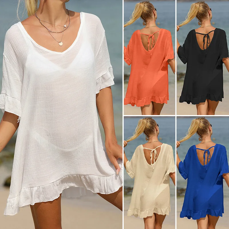 

Summer White Blouse Shirt Beach Cover Ups for Women Short Flared Sleeve Loose Cotton Beach Wear Bikini Cover Up Bohemio Dress