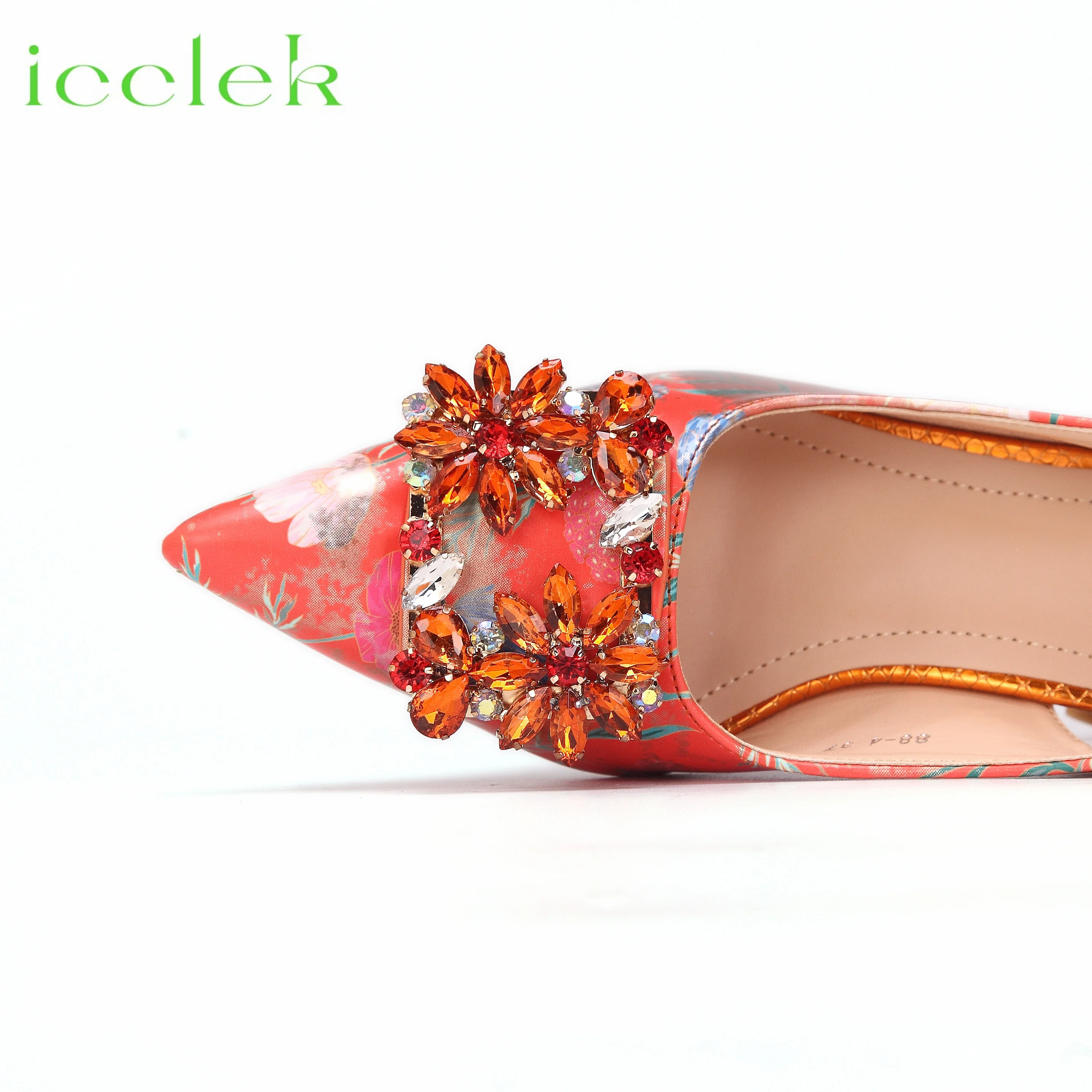 Women High Heels Sandals Printing Flower Material with Rhinestone Italian Design Coffee Color Pointed Toe Shoes and Bags Set