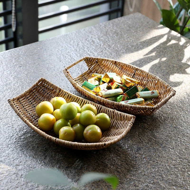 kitchen Organizer Rattan Fruit Bread Snacks Storage Tray Hand woven Storage Basket Desktop Sundries Organizer Kitchen Storage Bo 3