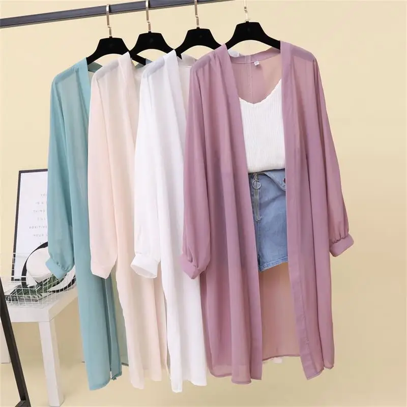 Solid Color Women Summer Sun-Proof Cardigan Lady Chiffon Shawl Shrug Casual Loose Thin Coat Elegant Holiday Minimalist Cardigan