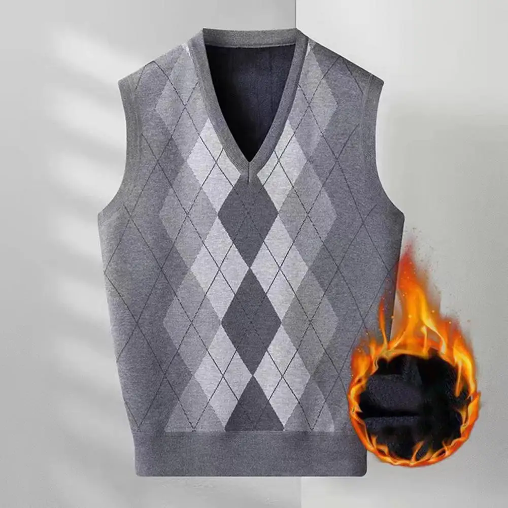 Men Sweater Vest Knitted Rhombus Print V Neck Men's Winter Vest Sleeveless Warm Stylish Mid-length Pullover Sweater for Fall vintage plaid sleeveless sweater vest women preppy style argyle print v neck brown pullover jumper femme blusa de frio feminina