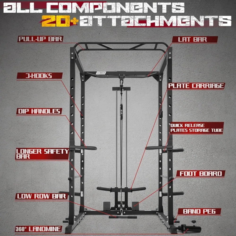 All-in-One Squat Rack for Home Gym, PPC02C Multi-Function 1000 LBS Capacity Power Cage with LAT Pulldown, Pulley System，Dip Bar