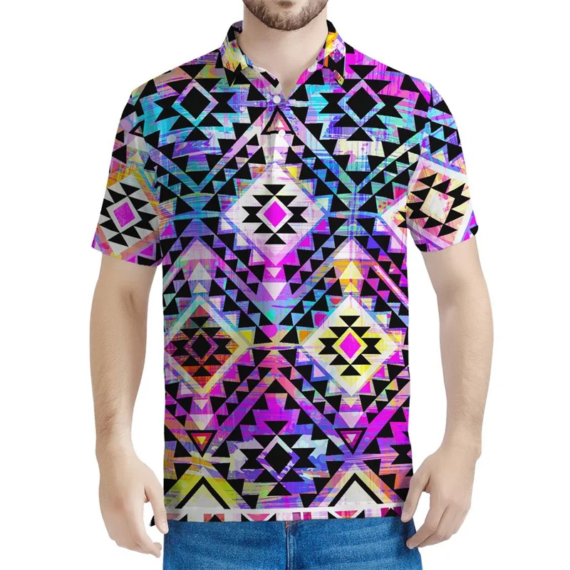 

Colorful Aztec Tribal Pattern Polo Shirt Men 3d Print Ethnic Totem Tee Shirts Tops Button Short Sleeves Casual Lapel Blouse