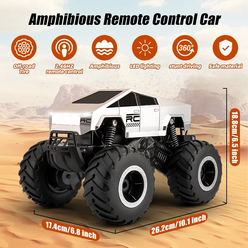 Vue détaillée du Camion RC 4WD Amphibie Tout Terrain - Batterie Lithium - Argent avec ses roues crantées