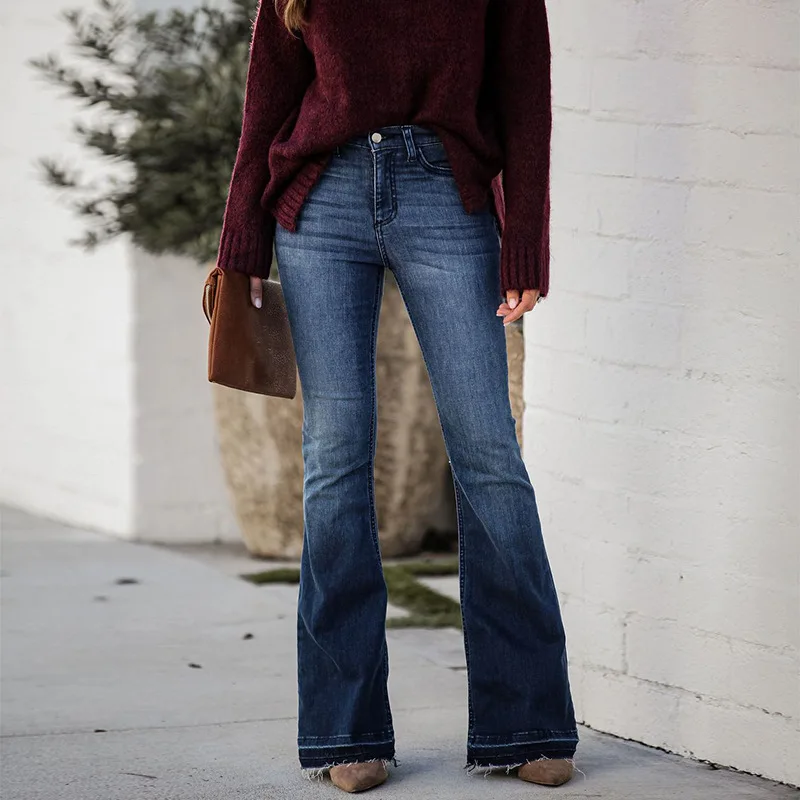 

2023 New Jeans Fashion Slim Stretch Raw Edge Flared Pants Women