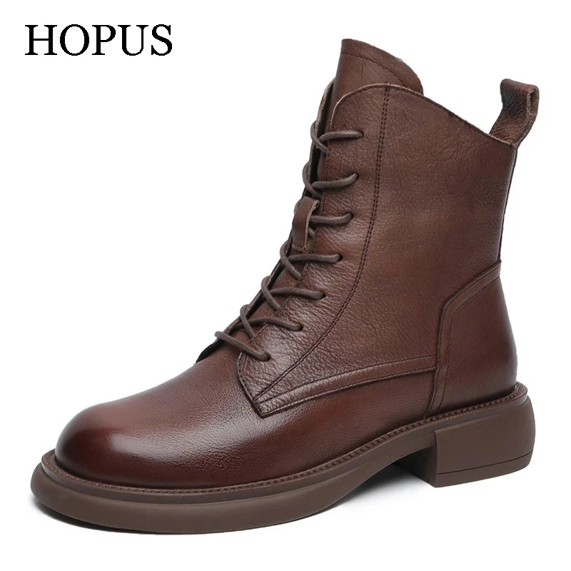 

HOPUS Boots Women 2023 New Genuine Leather Fashion Women's shoes British Style Lady Chunky Boots High Quality Winter Shoes Warm