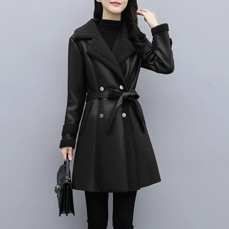 2023 Winter New Women Fashion Large Size PU Leather Coat Female Long Velvet Lining Thicken Casual Outwear Solid Color Outcoat