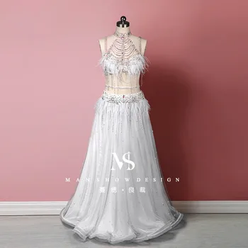 customized belly dance performance costume tassel fairy style sparkling diamond wrapped chest high-end competition team outfit