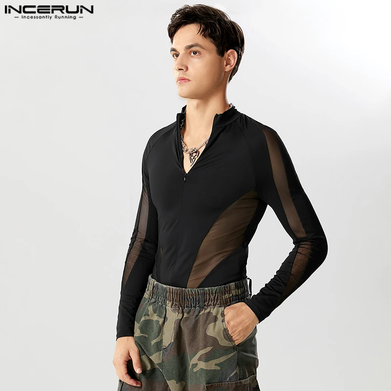 Men Bodysuits Mesh Patchwork V Neck Streetwear Long Sleeve Male Rompers Zipper Transparent Fashion T Shirt
