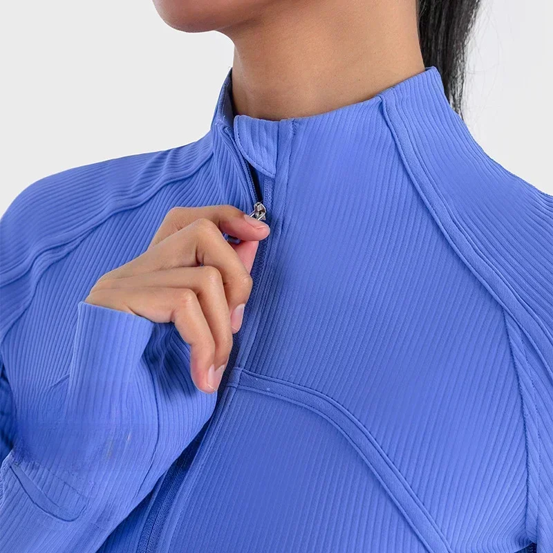 Lemon Women Ribbed Cropped Define Stand Neck Jacket Lightweight Breathable High Elastic Fitness Yoga Coat Tight utdoor Sport Top