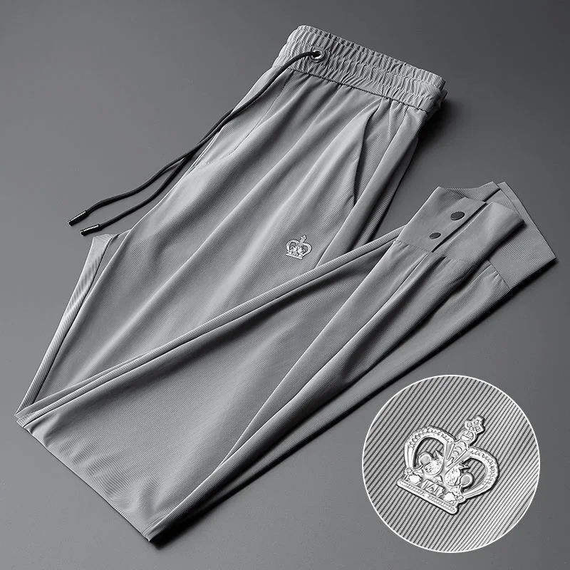 High end fashion brand pants men's crown embroidery 2023 summer Korean new ice silk breathable casual pants