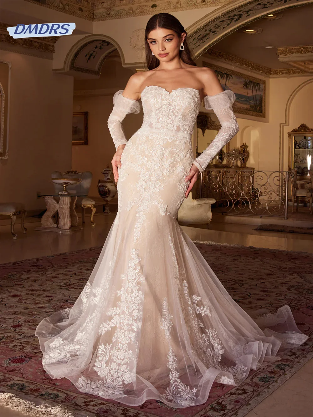 

Pastrol Detachable Sleeve Appliques Wedding Dress Bohemian Sweetheart Neck Lace Bride Robe Romantic Vestidos De Novia