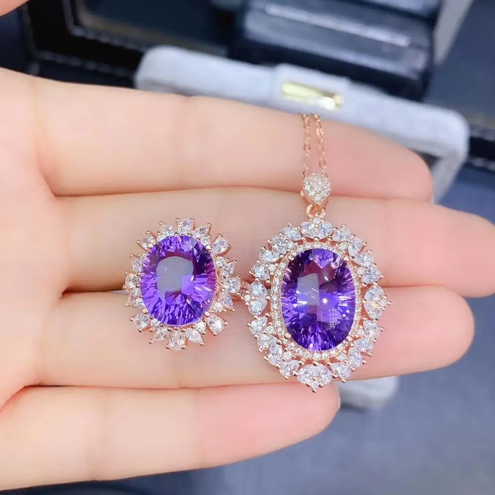 

Fine Jewelry Natural Amethyst 925 Sterling Silver Noble Girl New Pendant Necklace Ring Set Support Test with Box