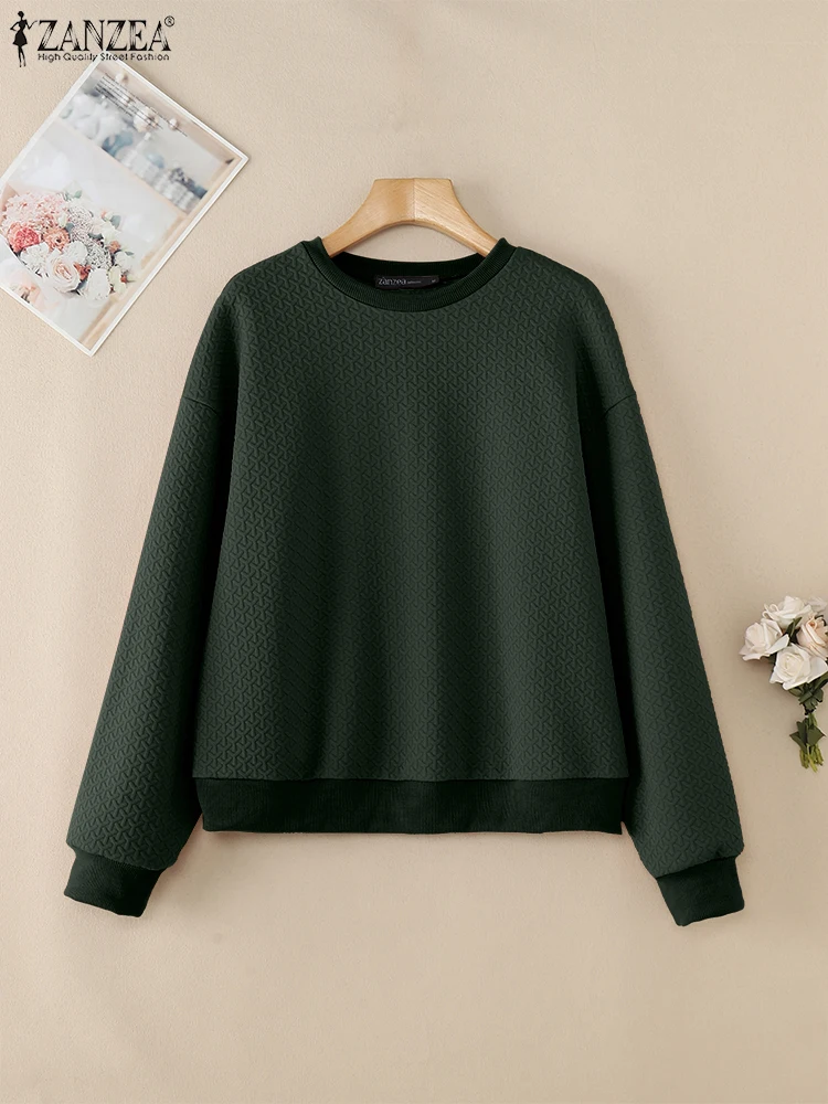 ZANZEA Women Long Sleeve Textured Sweatshirts 2025 Spring Loose Casual Crew Neck Pullover Tops Streetwear Solid Color Hoodies 4