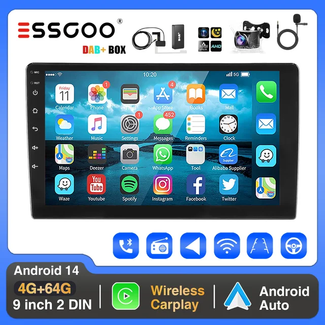 Autoradio ESSGOO 4+64G avec CarPlay sans fil et Android Auto, écran tactile IPS de 9" Double 2 DIN, GPS, navigation SAT, FM, DAB+, Wi-Fi, USB, SWC, lecteur multimédia. 1