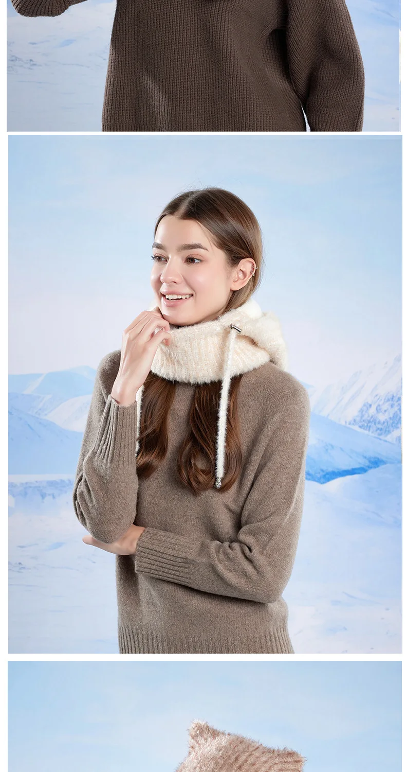 Winter Frauen Samt Gestrickte Woolen Balaclava Hut Gehörschutz Flauschigen Hut Maske Hals Integrierte Wärme Abdeckung Hut Dame Mit Kapuze Kappe – Detail 7