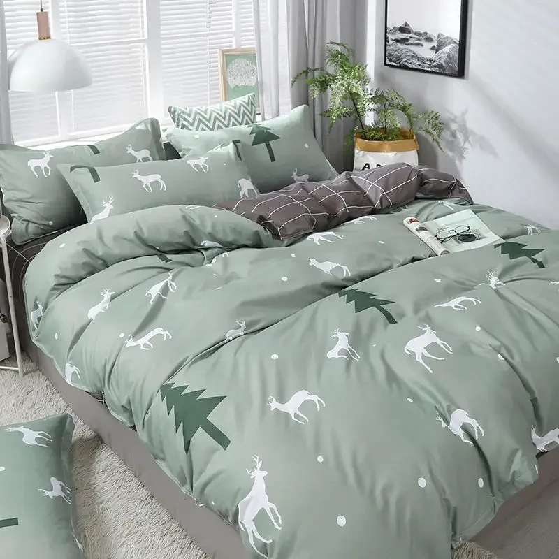 

Rushed Fashion Christmas Bedding Set Flat Sheet Duvet Cover Pillowcase Combination Home Textile Linen Green Pink Flower Bed