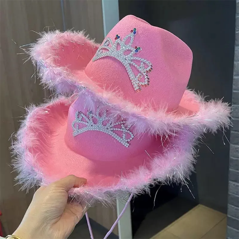 Pink West Cowgirl Hats Summer Women Crown Feather Felt Sequin Caps Outdoor Holiday Wide Brim Hat Fashion Accessory Cosplay Props