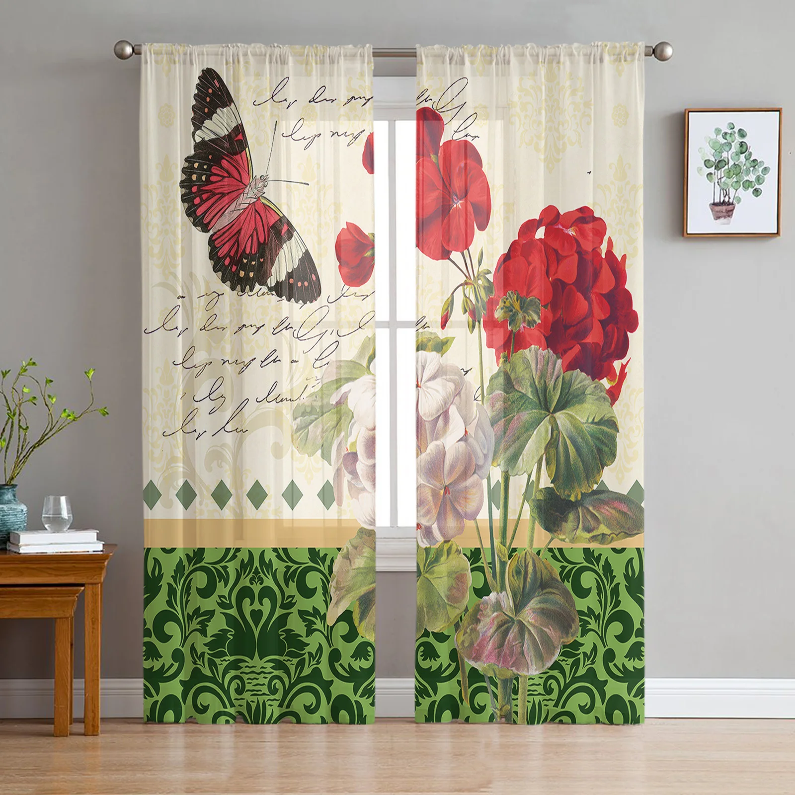 

Vintage Plant Flower Butterfly Red Sheer Curtains For Living Room Bedroom Kitchen Decoration Window Voiles Organza Tulle Curtain