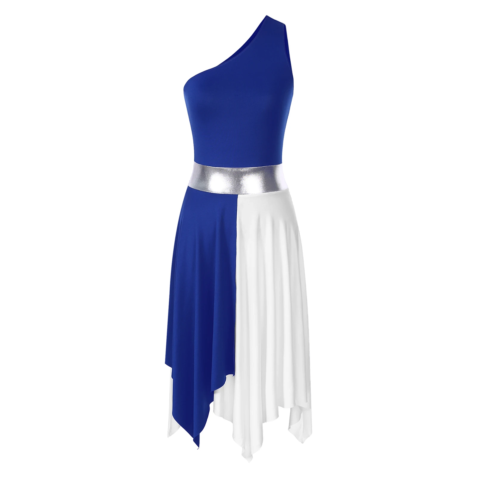 

Womens One Shoulder Color Block Patchwork Lyrical Latin Dance Dress Asymmetrical Hem Sleeveless Sexy Dresses Stage Performance