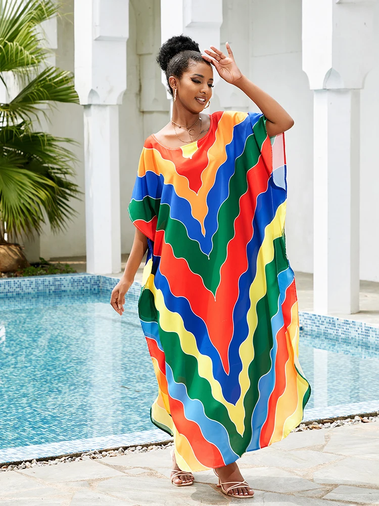 

Cover-ups Tunic for Beach V neck Multi Print Bohemian Maxi Dress Pareos Robe De Plage 2023 Swimsuit Cover Up Beachwaer