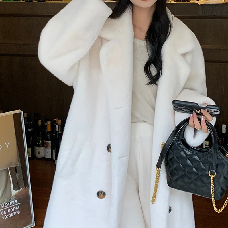 Women High-Quality Imitation Mink Fur Winter Thickening Coat Plus Size Long Faur Collar Overcoat Turn-Down Collar Loose Coat