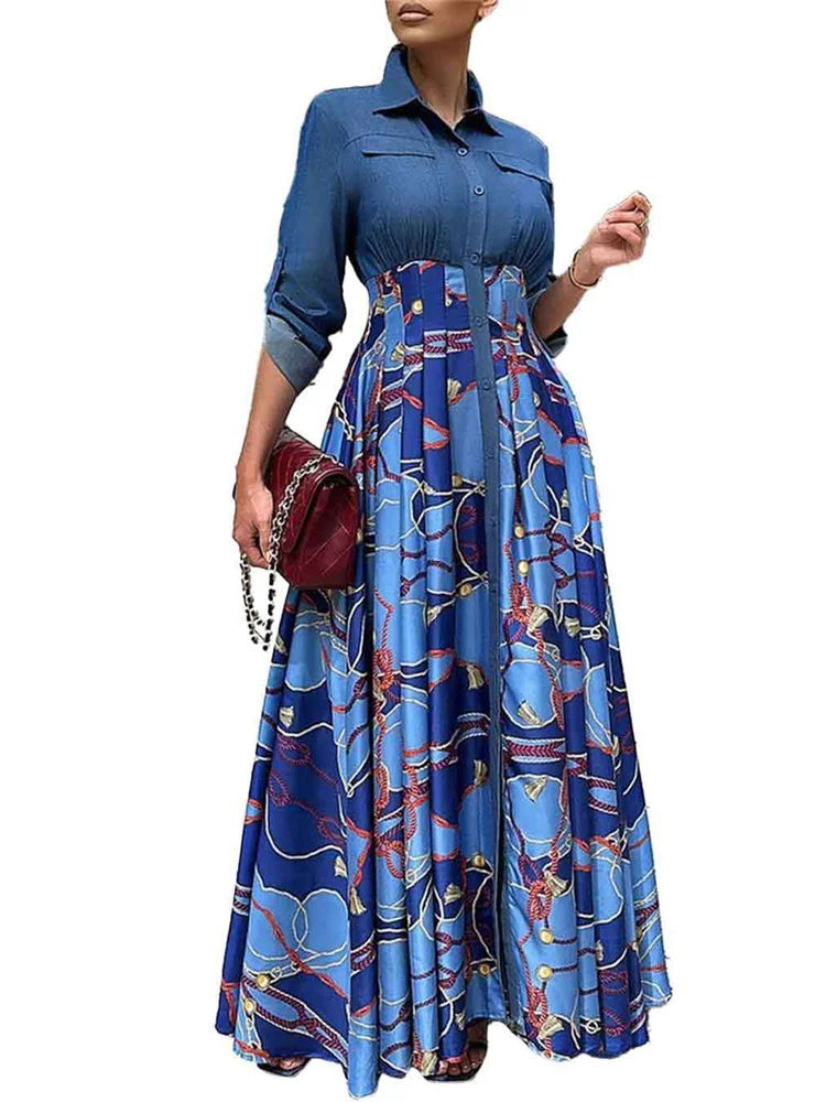 Wmstar Women Dress Summer Fashion Denim Patchwork High Waist Elegant Office Lady Long Maxi Dresses Wholesale Dropshipping S-3XL
