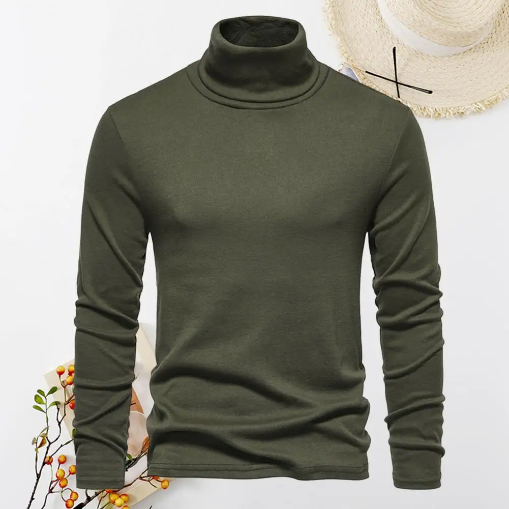 Men Basic Shirt Cozy Men's Winter Sweater High Collar Long Sleeve Elastic Solid Color Pullover Thick Warm Bottoming Top