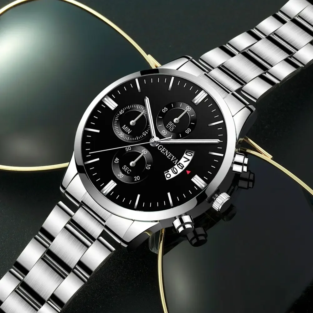 Quartz Watch Fashion Mens Luxury Silver Stainless Steel Quartz Wrist Watch Man Business for Men Calendar Clock Reloj Hombre