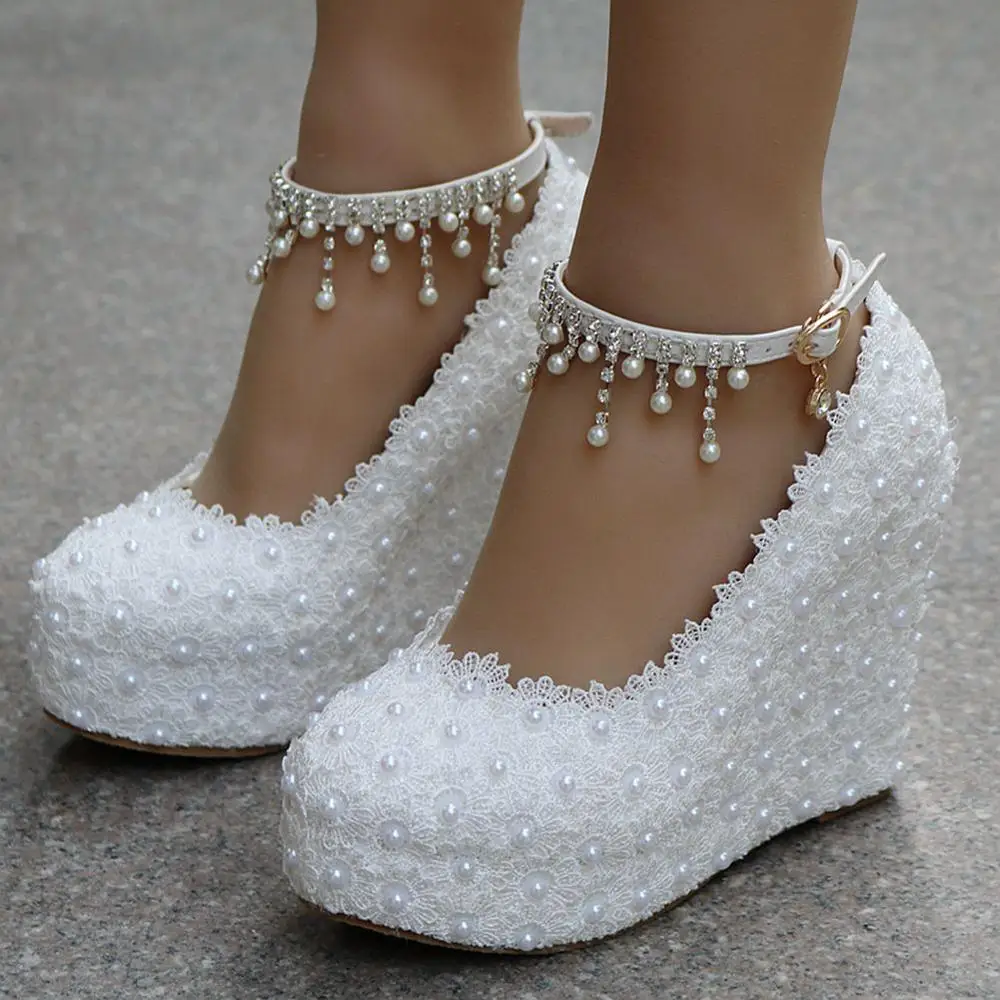 

New Party Wedges Shoes Wedding Bridal Sweet White Flower Lace Pearl Platform Pump Bride Dress High Heels Bridesmaid