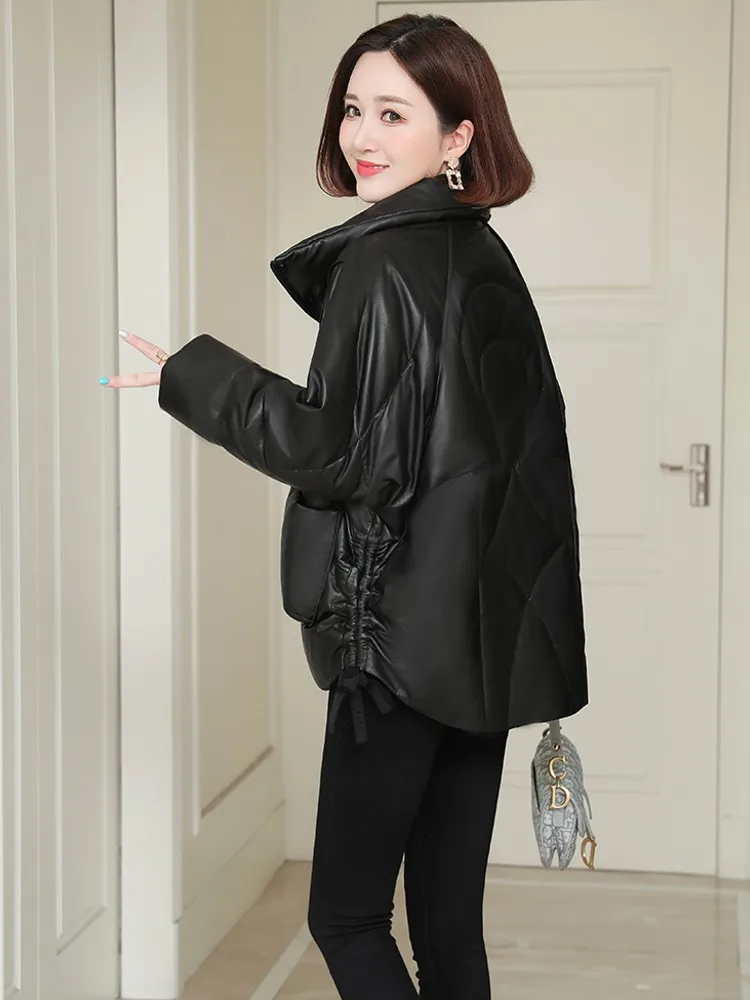 Winter Stand Collar Windproof Women Thick Warm Sheepskin Genuine Leather Down Jacket Oversized Loose Fit Overcoat Vintage Coat