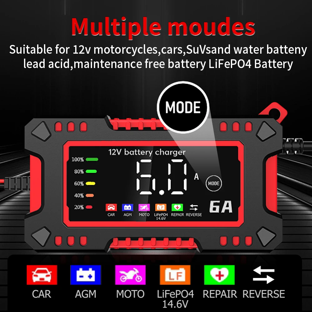 12V 6A Car Motorcycles Charger Smart Battery Charger For Lifepo4 Lead Acid AGM GEL PB 14.6V 6A Battery Repair Digital Display