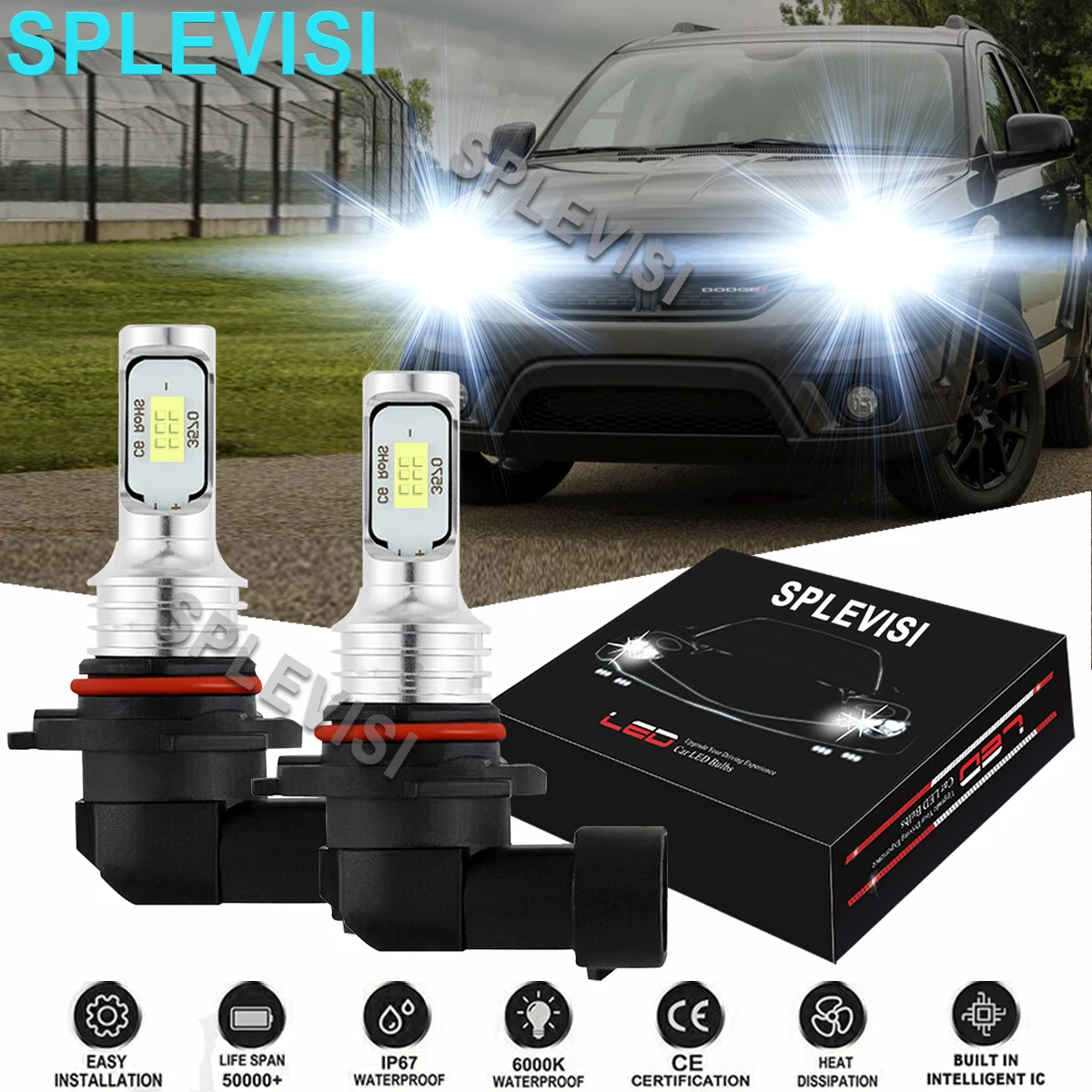2pcs Car Led Headlight High Beam Bulbs 6000k White Fit For Dodge
